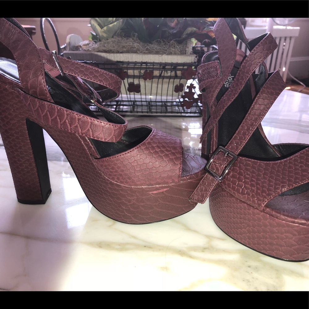 Burgundy snakeskin platform block heels